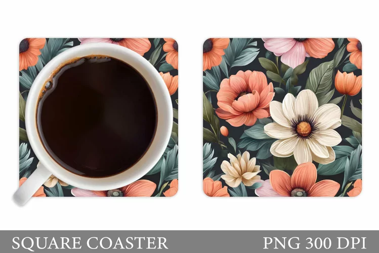 Flowers Square Coaster Sublimation. Flowers Coaster Design