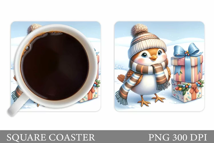 Cute Bird Coaster Sublimation. Christmas Coaster Design