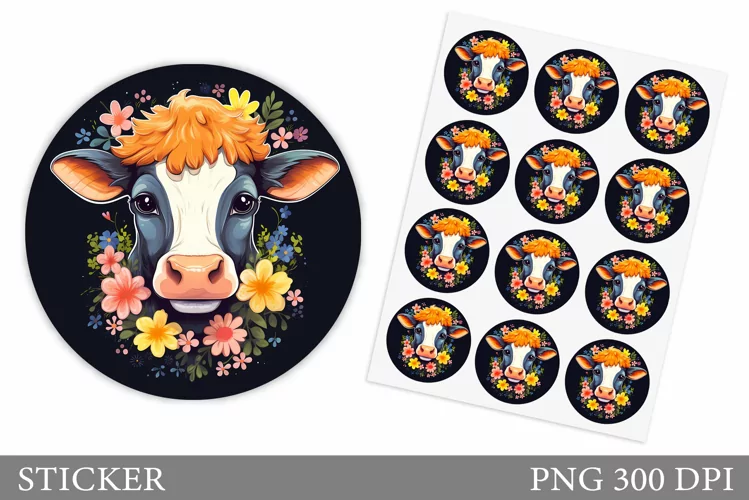 Cute Cow Sticker Design. Cow Flowers Sticker Template