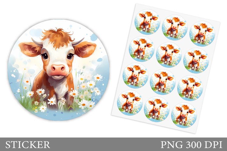 Cute Cow Sticker Design. Cow Flowers Sticker Template example image 1