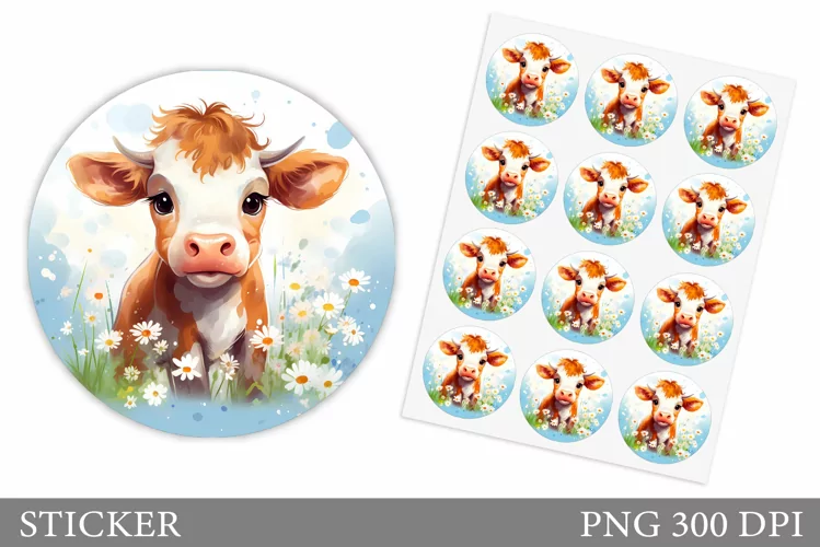 Cute Cow Sticker Design. Cow Flowers Sticker Template