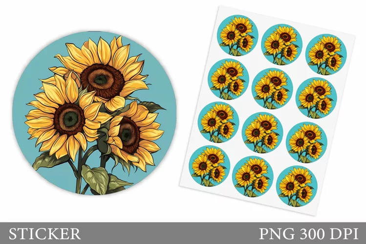 Sunflowers Sticker Design. Summer Round Sticker