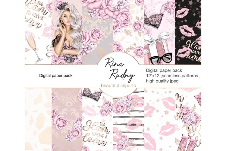 Luxury digital paper pack, pink florals paper, kisses