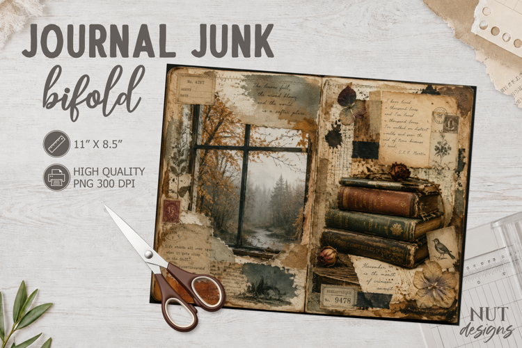 Vintage autumn Junk Journal Bifold collage forest, window