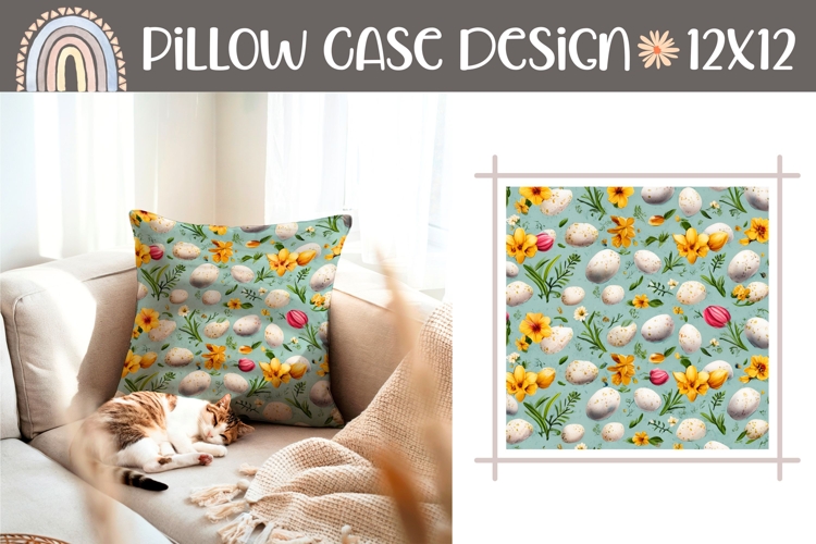 Cartoon Easter Eggs Pillow, Colorful Flowers Pillow Template