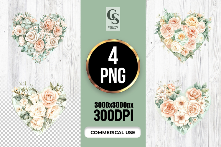 Watercolor Rose Heart Clipart Sublimation PNG