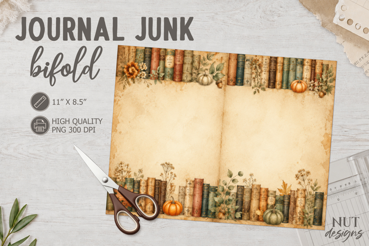 Autumn Bookshelf Junk Journal Bifold sepia fantasy collage