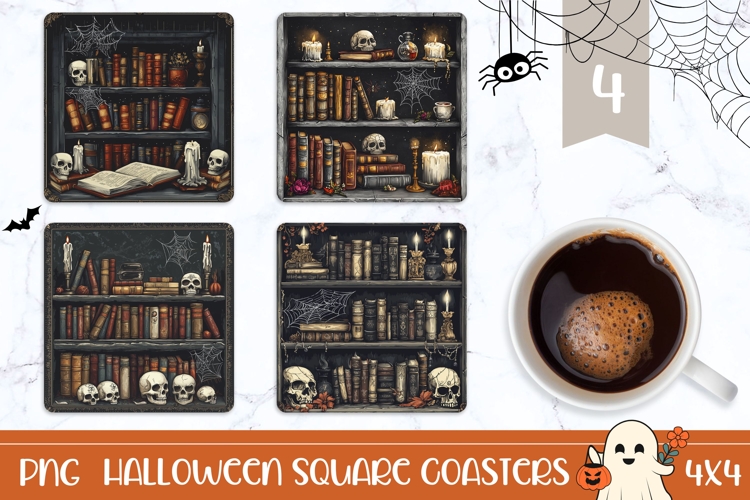 Gothic Books Halloween Square Coasters, Cartoon Pumpkins PNG