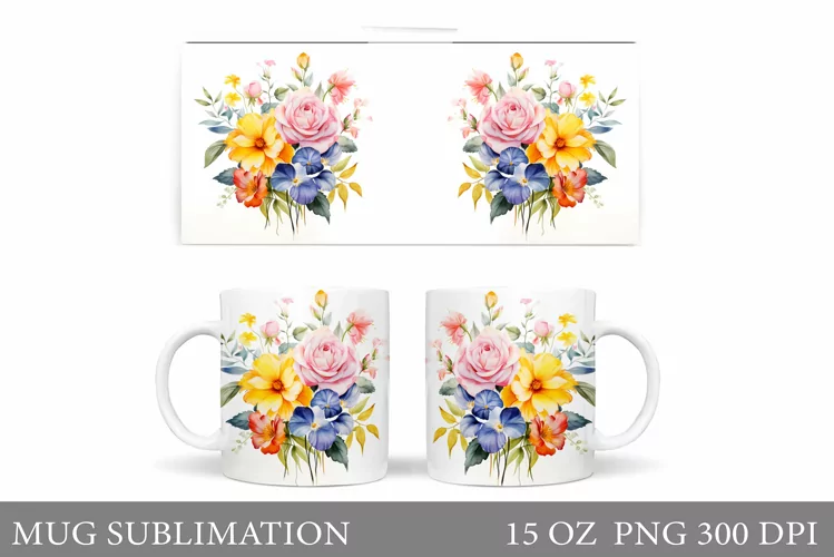 Wildflowers Mug Sublimation. Flowers Mug Wrap Design