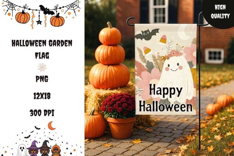Floral Halloween Garden Flag, Halloween Bats Garden Flag PNG