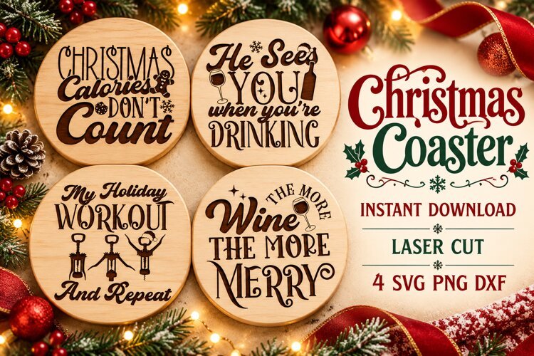 Funny Christmas Coaster SVG PNG DXF, Wine Lover Laser Cut example image 1