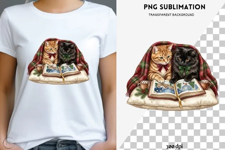 Christmas bookish cat png design for T-shirts