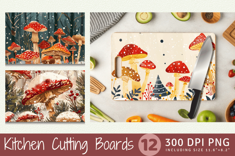 Winter Mushrooms Garden Cutting Boards sublimation Design