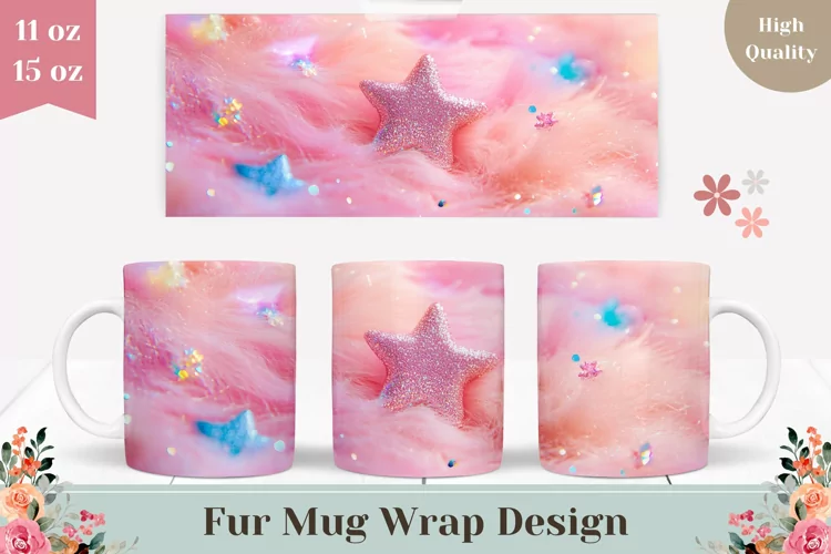 Pink Fur Mug Wrap Design, Pink Glitter Mug Sublimation