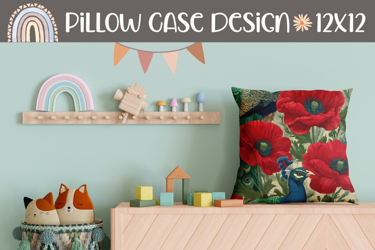 Poppy Pillow Case Design, Peacock Pillow Sublimation Design