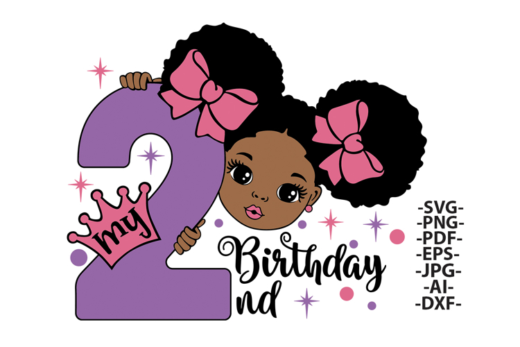 Second Birthday Girl Clipart SVG, Afro Girl with Pink Bows