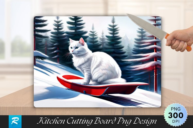 Fluffy White Cat on a Red Sled Cutting Board Sublimation example image 1