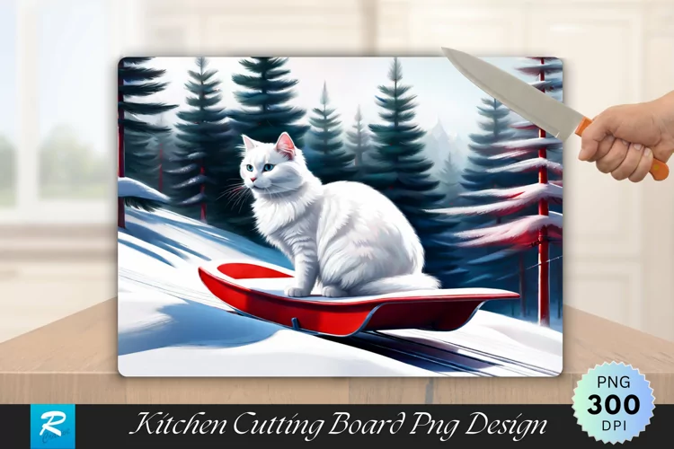 Fluffy White Cat on a Red Sled Cutting Board Sublimation