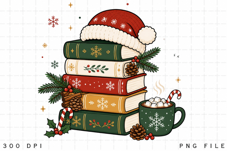 Christmas Book Stack PNG, Santa Hat Books Sublimation Design