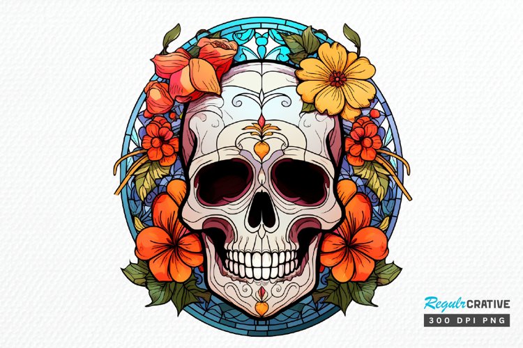 Flower Skull Stained Glass Sublimation PNG Clipart