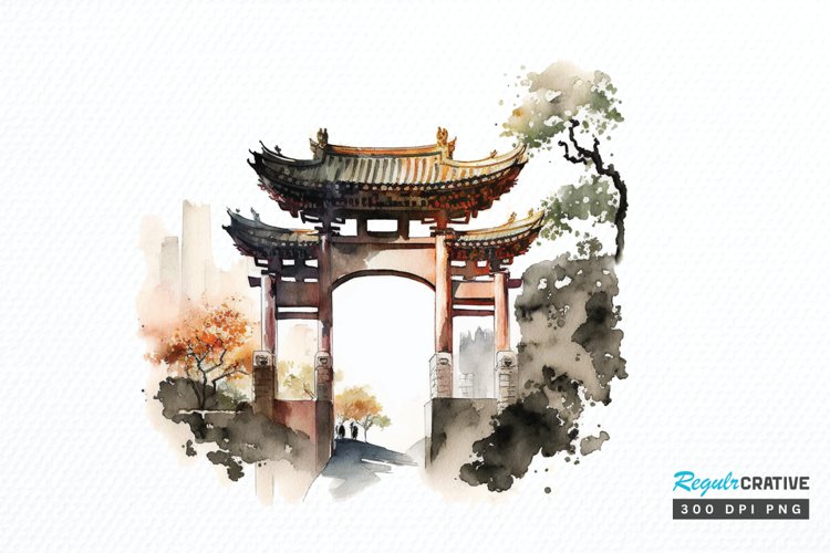 Watercolor Chinese Gate PNG Clipart