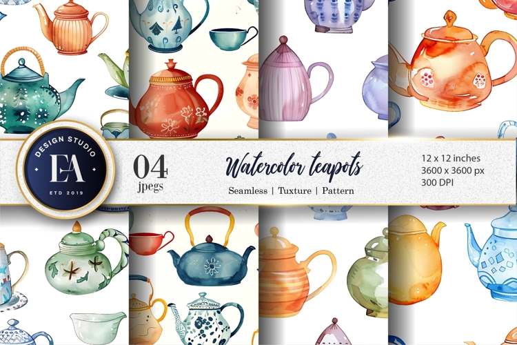 Watercolor Teapots Whimsical Seamless Digital Paper