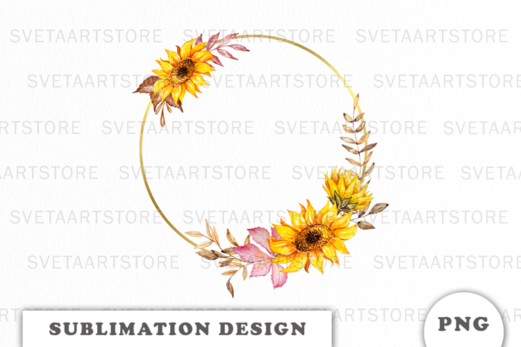 Watercolor Autumn Sunflowers Gold Frame png