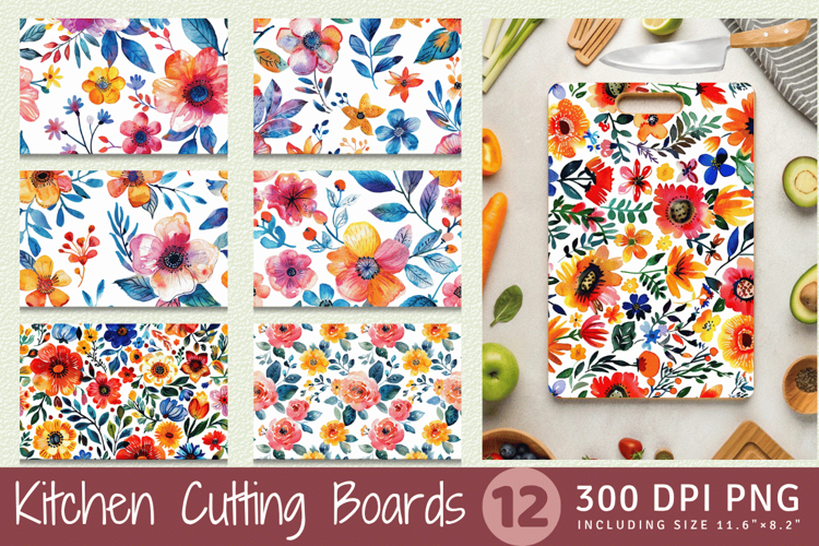 Watercolor Boho Flowers Cutting Boards sublimation Designs example image 1
