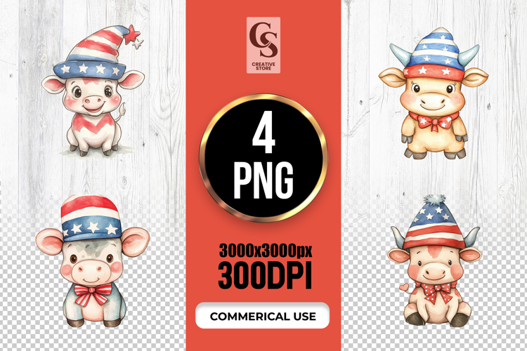 Cute Cow Patriotic Hat Watercolor Clipart PNG