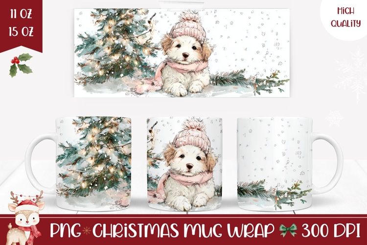 Watercolor Christmas Dog Mug Design, Winter Mug Template