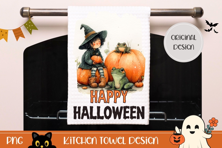 Cartoon Halloween Witch Towel, Halloween Frog Sublimation