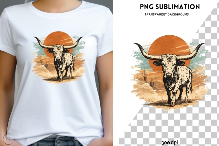 Western Longhorn PNG | Rustic Bull and Cactus Graphic