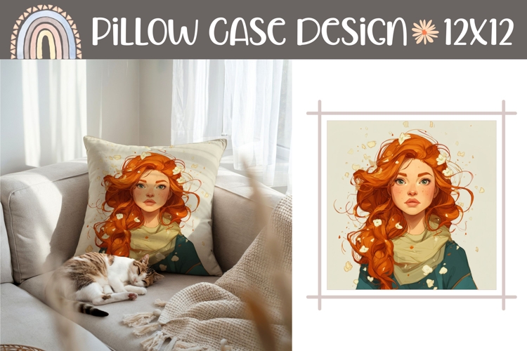 Red Hair Girl Pillow Design, Cartoon Girl Sublimation