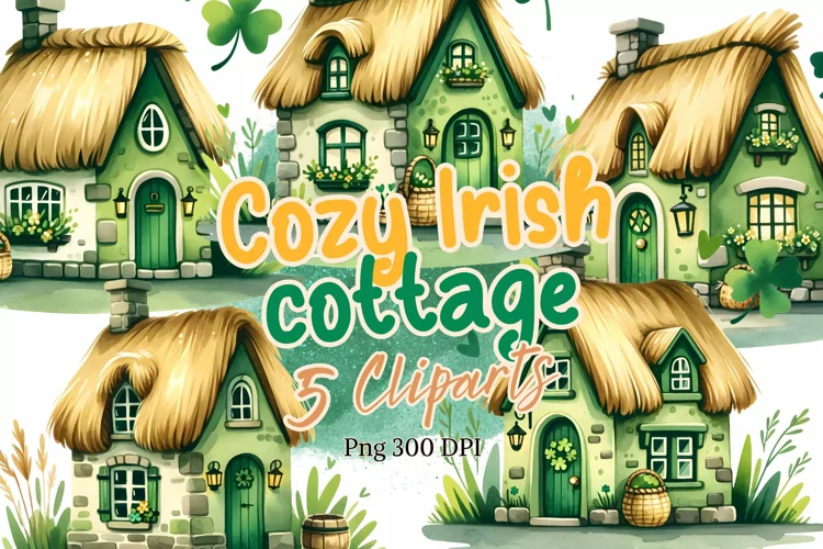 Cozy Irish cottage watercolor clipart