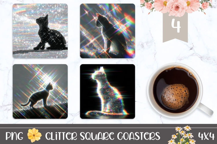 Glitter Cat Square Coasters, Glitter Square Coaster Designs