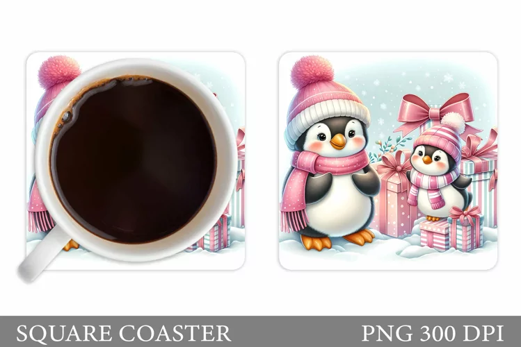 Cute Penguin Coaster Sublimation. Christmas Coaster Design