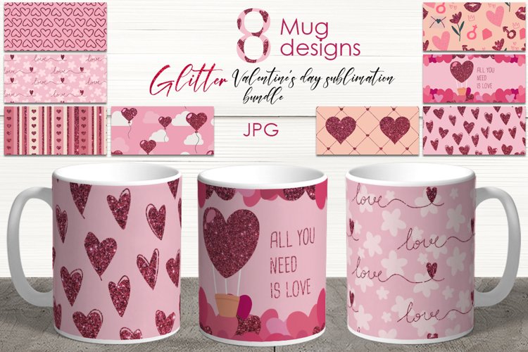 Valentines Sublimation Mug glitter design Bundle, JPG example image 1