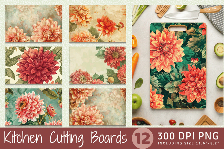 Vintage Dahlia Flowers Cutting Boards sublimation Designs example image 1