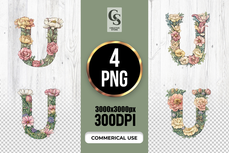 Floral Letter U Watercolor Alphabet Clipart Sublimation PNG