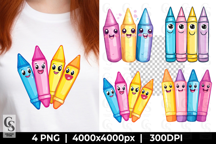 Kawaii Crayons Cute School Supplies Clipart Sublimation PNG
