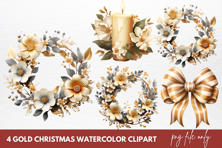 Gold Christmas Watercolor Clipart Sublimation