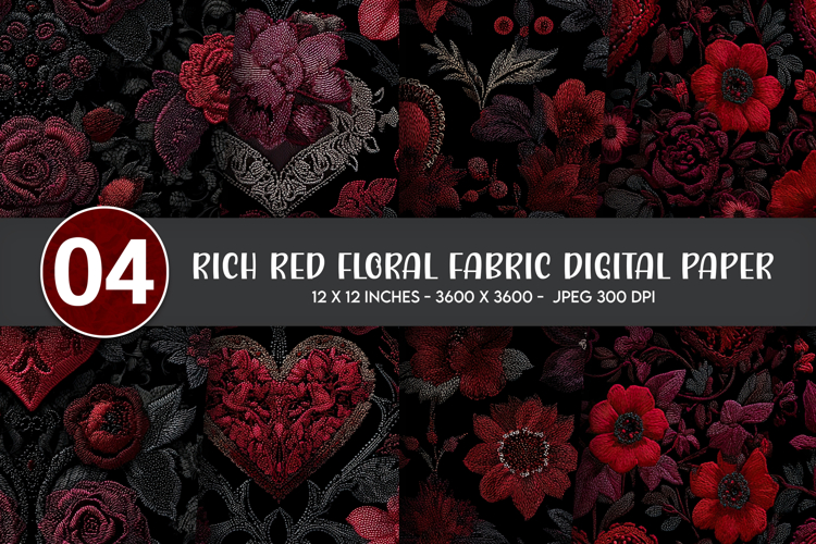 Rich Red Floral Fabric Digital Paper