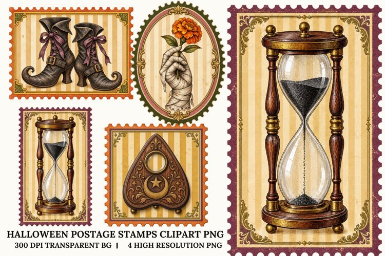 Halloween Postage Stamp PNG Vintage Clipart Sublimation Art example image 1