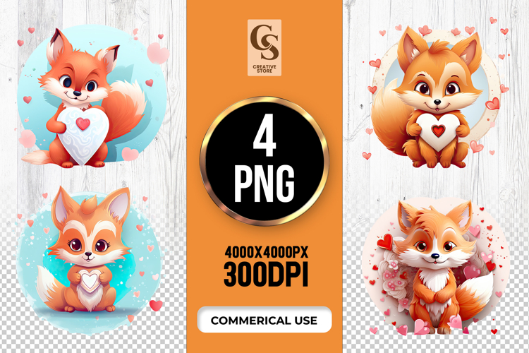 Cute Heart Fox Clipart Sublimation PNG