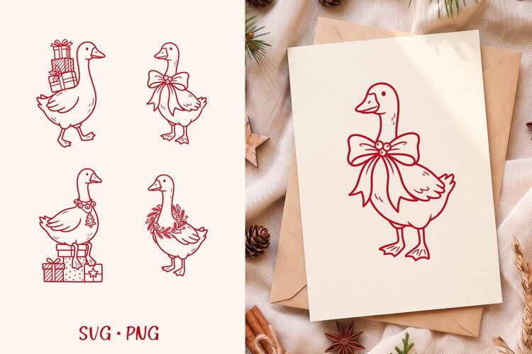 Christmas Bow Goose SVG, Wreath Gift Goose Clipart PNG Cute example image 1