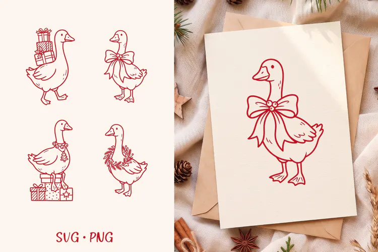 Christmas Bow Goose SVG, Wreath Gift Goose Clipart PNG Cute
