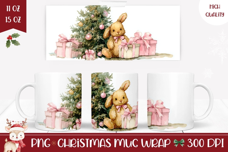 Cartoon Christmas Bunny Mug, Christmas Tree Mug Wrap Design