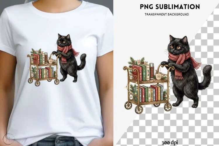 Christmas bookish cat png design for T-shirts