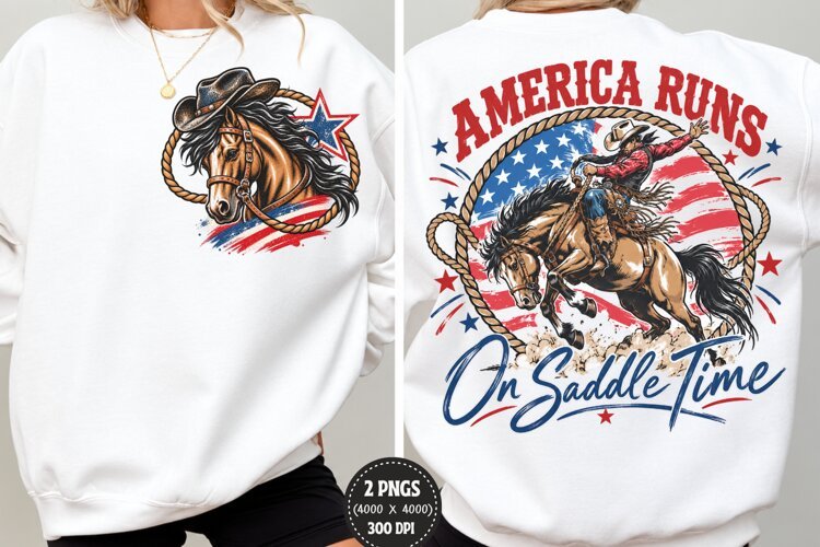 America Runs Front Back Cowboy PNG, Patriotic Rodeo Chest Ba example image 1
