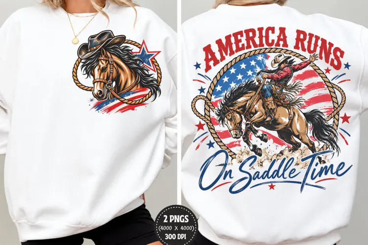 America Runs Front Back Cowboy PNG, Patriotic Rodeo Chest Ba